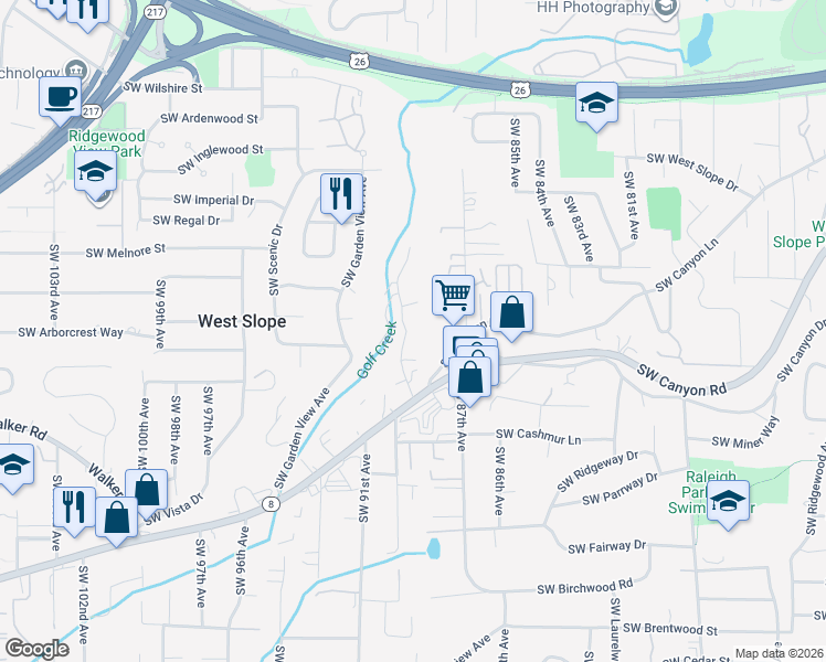 map of restaurants, bars, coffee shops, grocery stores, and more near 2800 Southwest 89th Avenue in Portland