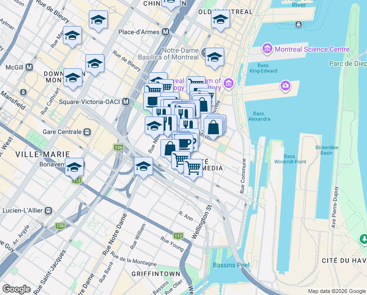 map of restaurants, bars, coffee shops, grocery stores, and more near 690 Rue Saint-Paul Ouest in Montréal