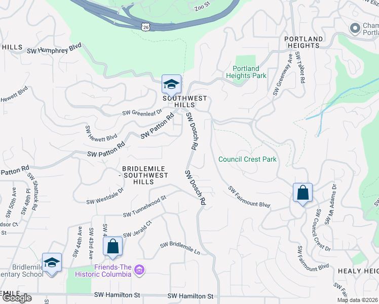 map of restaurants, bars, coffee shops, grocery stores, and more near 3588 Southwest Hillside Drive in Portland