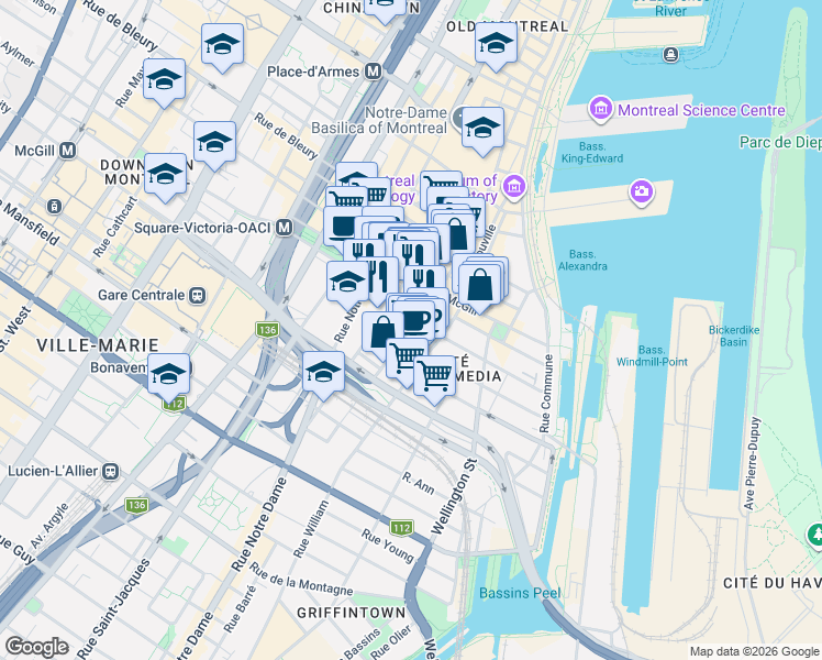 map of restaurants, bars, coffee shops, grocery stores, and more near 686 Rue Saint-Paul Ouest in Montréal