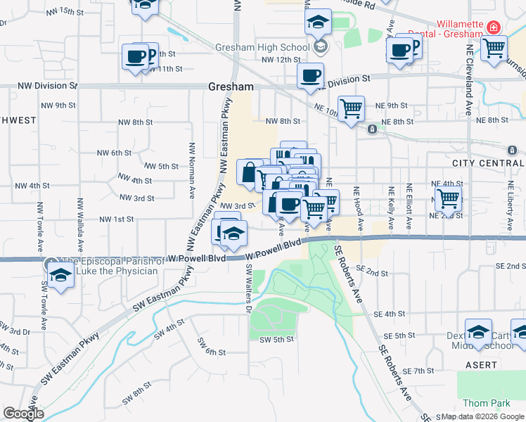 map of restaurants, bars, coffee shops, grocery stores, and more near 147 Northwest 2nd Street in Gresham