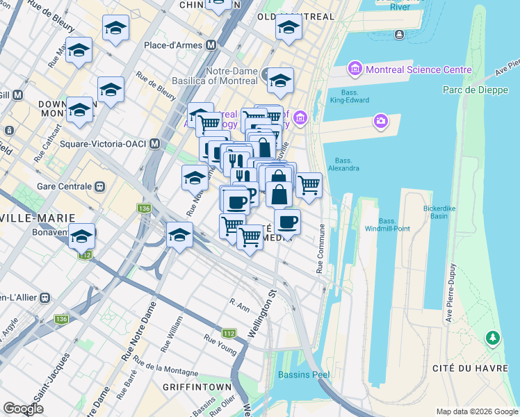 map of restaurants, bars, coffee shops, grocery stores, and more near 630 Rue William in Montréal