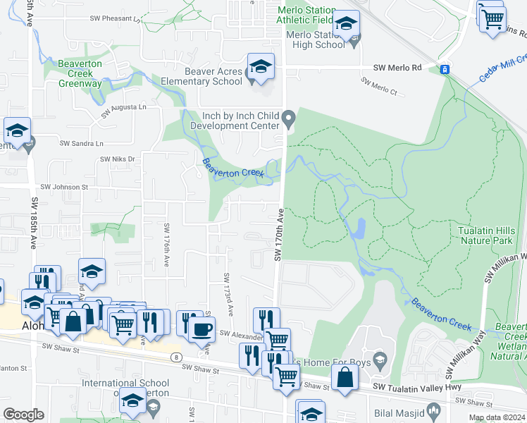 map of restaurants, bars, coffee shops, grocery stores, and more near 17120 Southwest Johnson Street in Beaverton