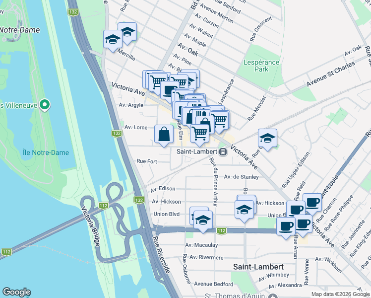 map of restaurants, bars, coffee shops, grocery stores, and more near 215 Avenue Saint Denis in Saint-Lambert