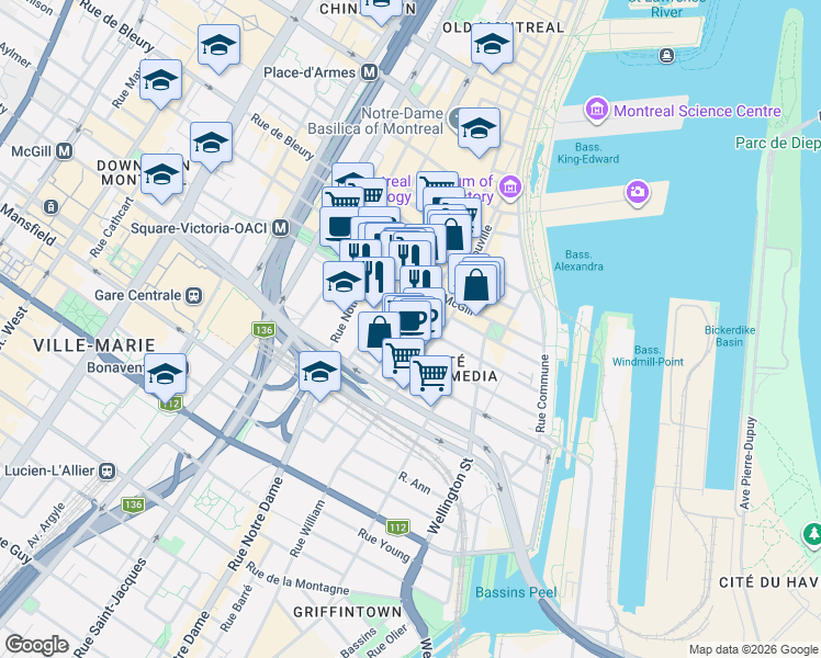map of restaurants, bars, coffee shops, grocery stores, and more near 686 Rue Saint-Paul Ouest in Montréal