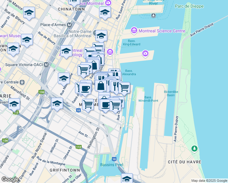 map of restaurants, bars, coffee shops, grocery stores, and more near 1 Rue McGill in Montréal