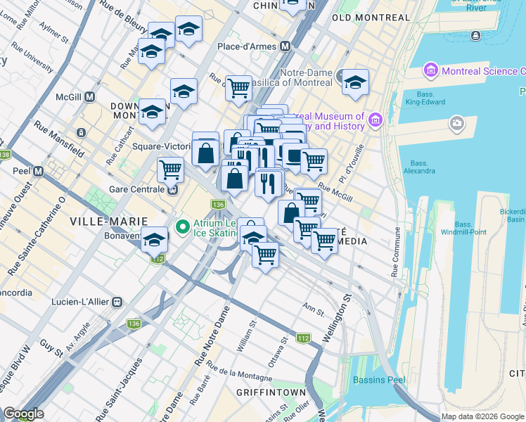 map of restaurants, bars, coffee shops, grocery stores, and more near 800 Rue Saint-Jacques in Montréal