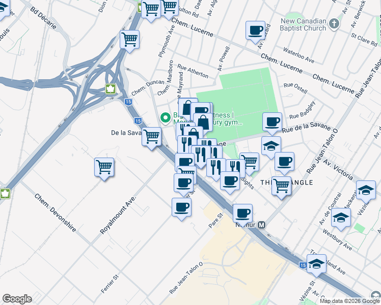 map of restaurants, bars, coffee shops, grocery stores, and more near 5200 Rue de la Savane in Montreal