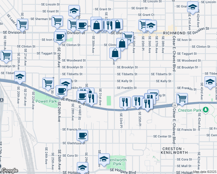 map of restaurants, bars, coffee shops, grocery stores, and more near 3205 Southeast Franklin Street in Portland