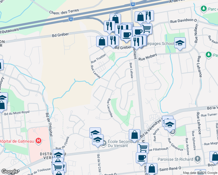 map of restaurants, bars, coffee shops, grocery stores, and more near 67 Rue Lacombe in Gatineau