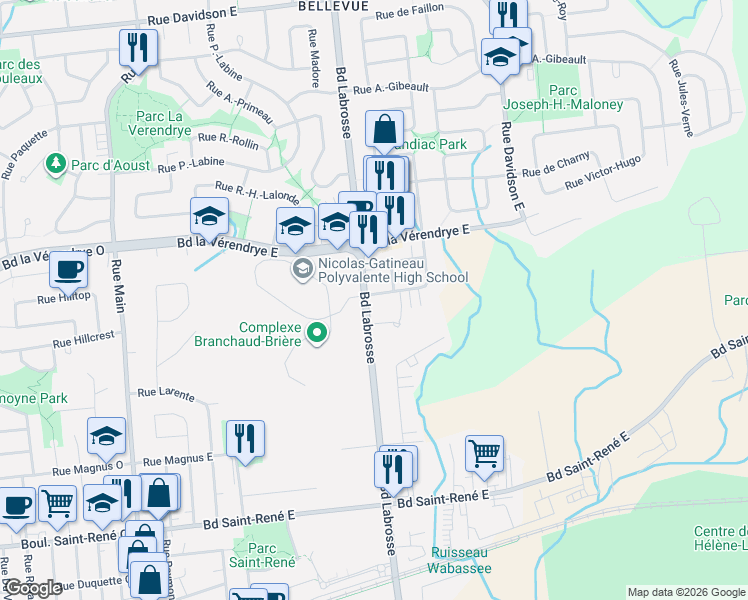 map of restaurants, bars, coffee shops, grocery stores, and more near 215 Rue de Candiac in Gatineau