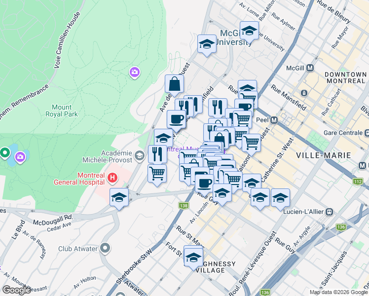map of restaurants, bars, coffee shops, grocery stores, and more near 3465 Redpath Street in Montrã©Al