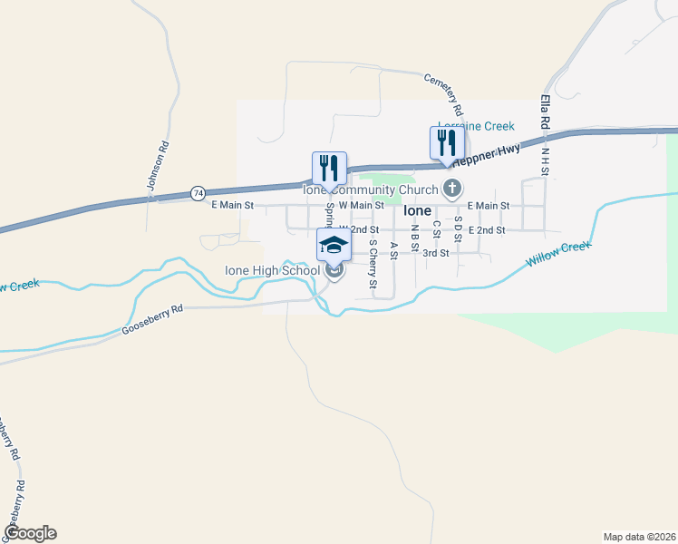 map of restaurants, bars, coffee shops, grocery stores, and more near 260 Spring Street in Ione
