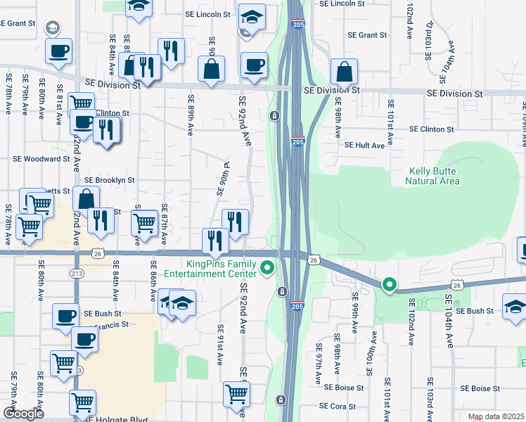 map of restaurants, bars, coffee shops, grocery stores, and more near 3143 Southeast 92nd Avenue in Portland