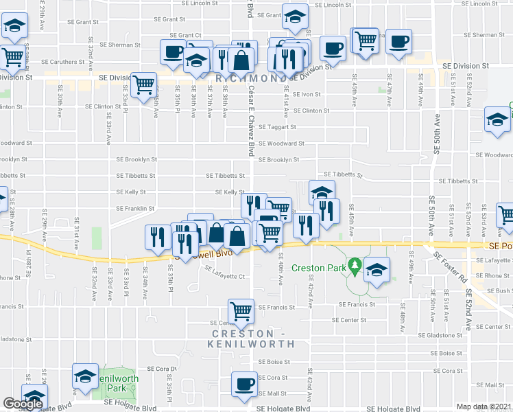 map of restaurants, bars, coffee shops, grocery stores, and more near in Portland