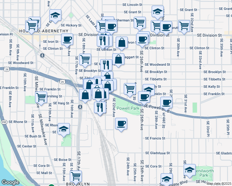 map of restaurants, bars, coffee shops, grocery stores, and more near 3219 Southeast 23rd Avenue in Portland
