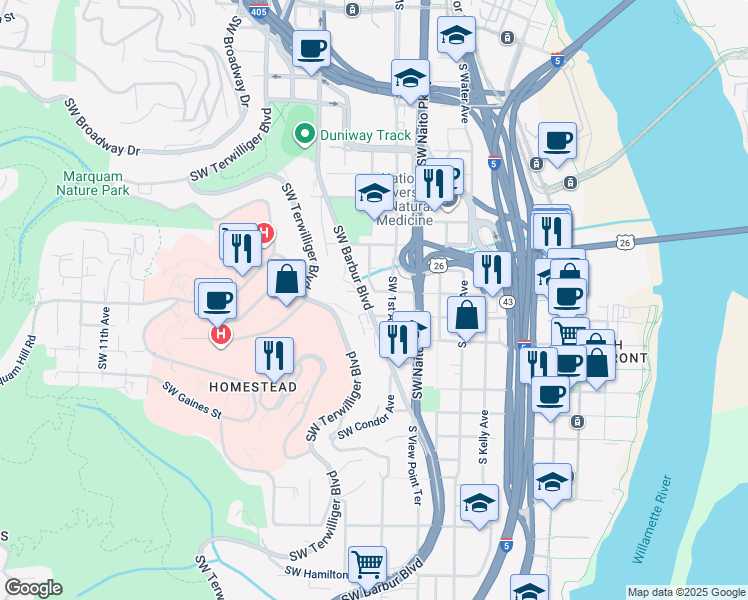 map of restaurants, bars, coffee shops, grocery stores, and more near 105 Southwest Gibbs Street in Portland