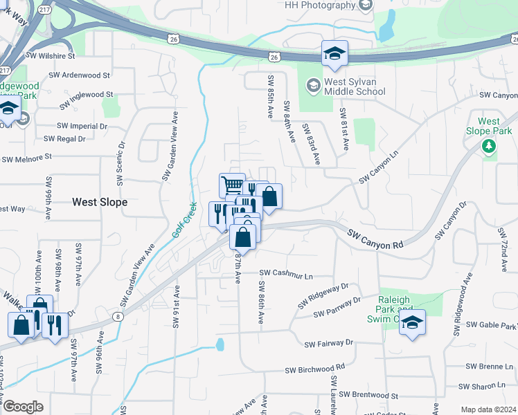 map of restaurants, bars, coffee shops, grocery stores, and more near 8657 Southwest Canyon Lane in Portland