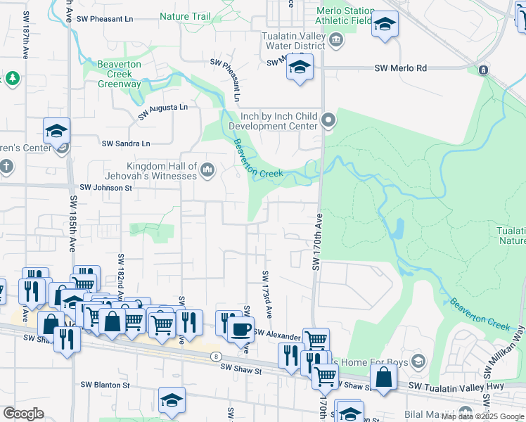 map of restaurants, bars, coffee shops, grocery stores, and more near 17309 Southwest Benji Court in Beaverton