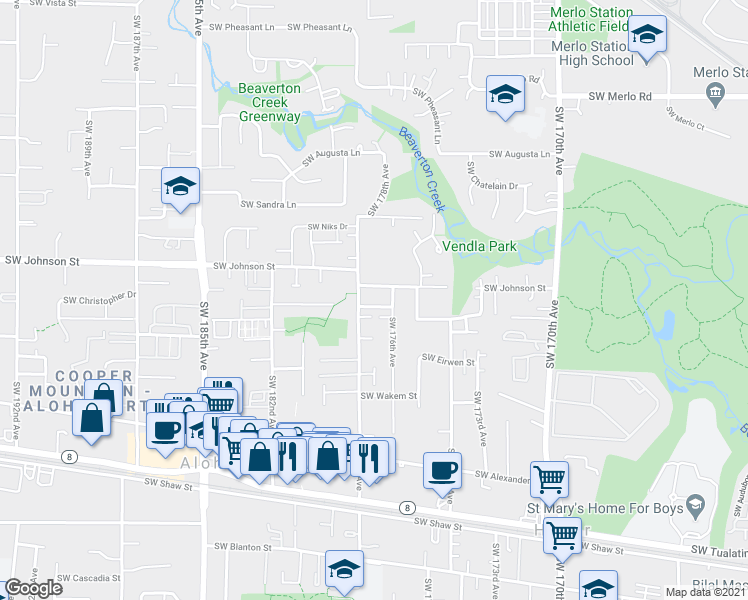 map of restaurants, bars, coffee shops, grocery stores, and more near 2814 Southwest 178th Avenue in Aloha