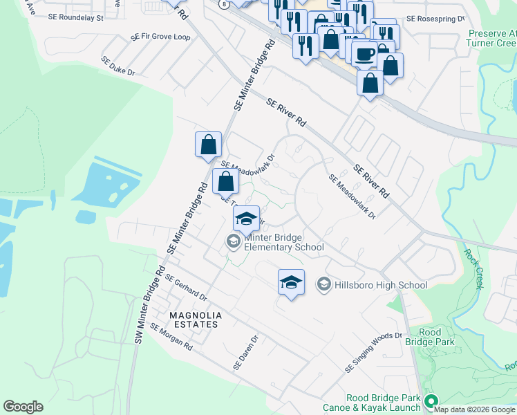 map of restaurants, bars, coffee shops, grocery stores, and more near 2738 Southeast Hollyhock Court in Hillsboro