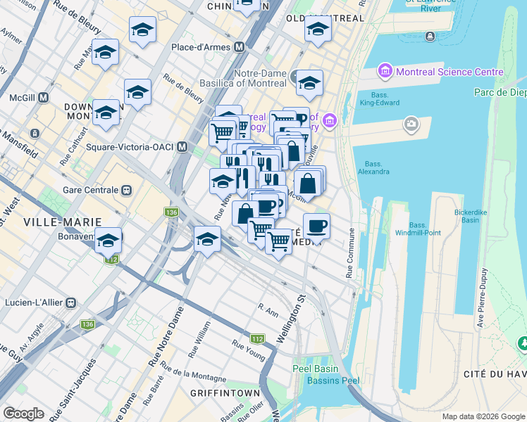 map of restaurants, bars, coffee shops, grocery stores, and more near 700 Rue Saint-Paul Ouest in Montréal