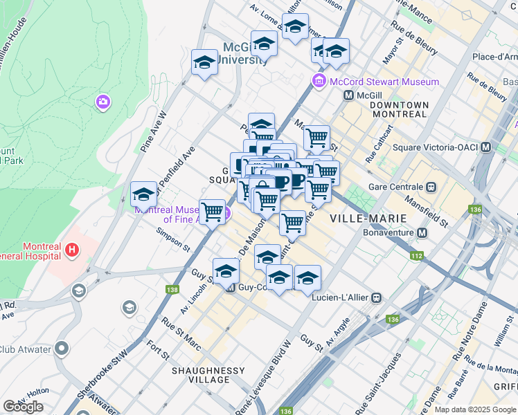 map of restaurants, bars, coffee shops, grocery stores, and more near in Montreal
