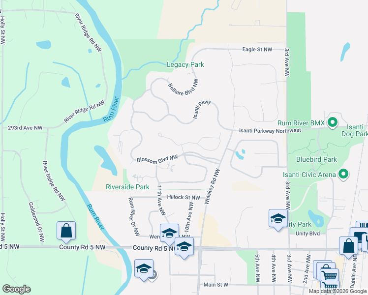 map of restaurants, bars, coffee shops, grocery stores, and more near 935 Golden Way Northwest in Isanti