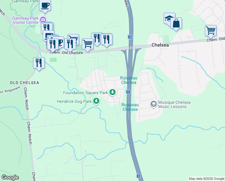 map of restaurants, bars, coffee shops, grocery stores, and more near 77 Chemin de Montpelier in Chelsea