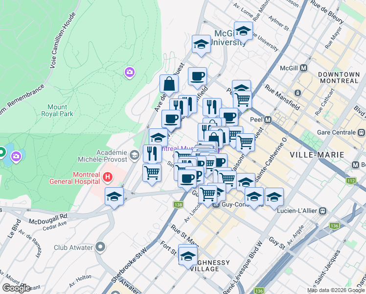 map of restaurants, bars, coffee shops, grocery stores, and more near 3455 Rue Redpath in Montréal