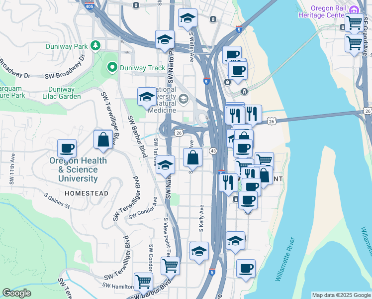 map of restaurants, bars, coffee shops, grocery stores, and more near 124 Southwest Gibbs Street in Portland