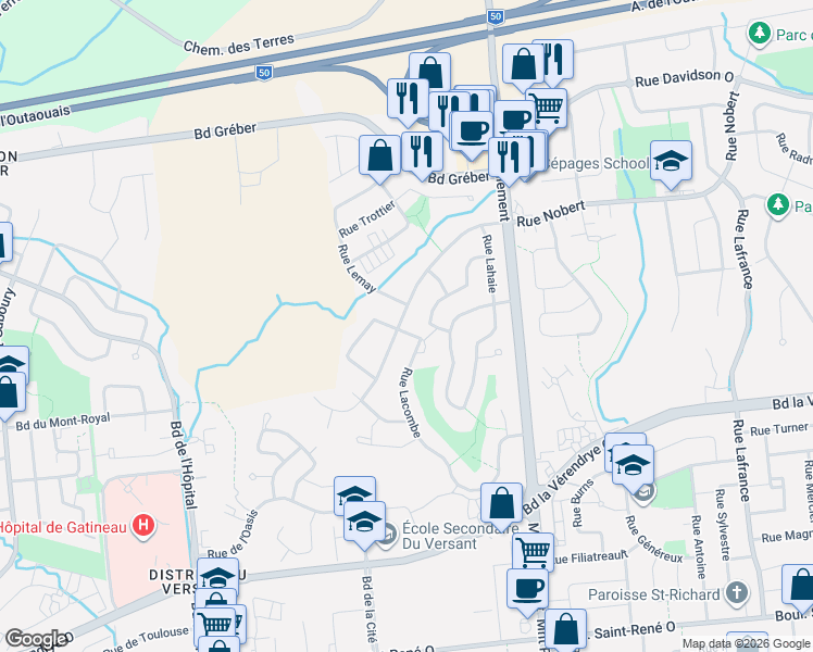 map of restaurants, bars, coffee shops, grocery stores, and more near 67 Rue Lacombe in Gatineau