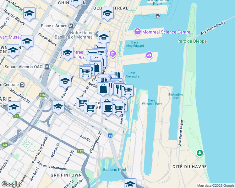 map of restaurants, bars, coffee shops, grocery stores, and more near McGill Street in Montreal