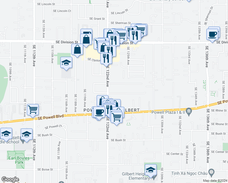map of restaurants, bars, coffee shops, grocery stores, and more near 12221 Southeast Kelly Street in Portland