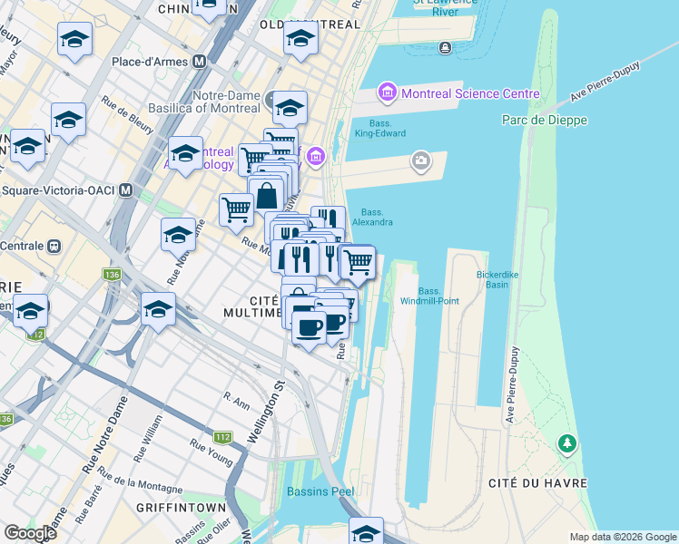 map of restaurants, bars, coffee shops, grocery stores, and more near 1 McGill Street in Montreal
