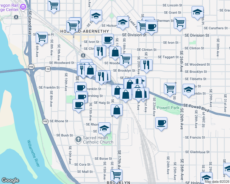 map of restaurants, bars, coffee shops, grocery stores, and more near 3255 Southeast 17th Avenue in Portland