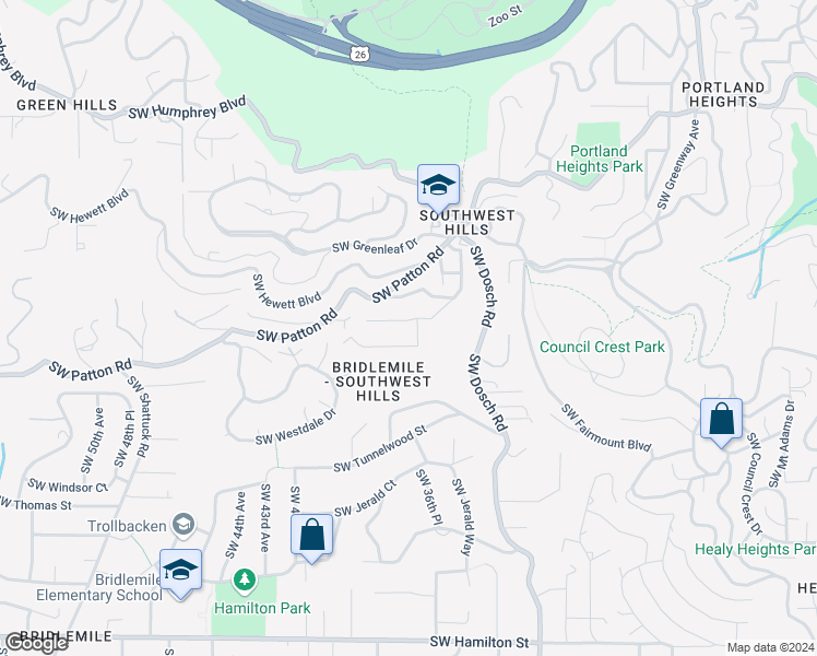map of restaurants, bars, coffee shops, grocery stores, and more near 3718 Southwest Hillside Drive in Portland