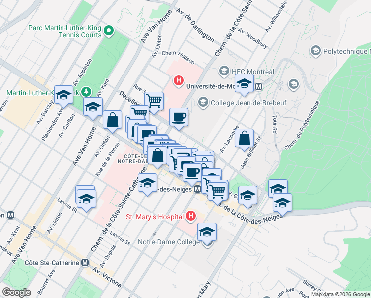 map of restaurants, bars, coffee shops, grocery stores, and more near 5610 Decelles Avenue in Montrã©Al