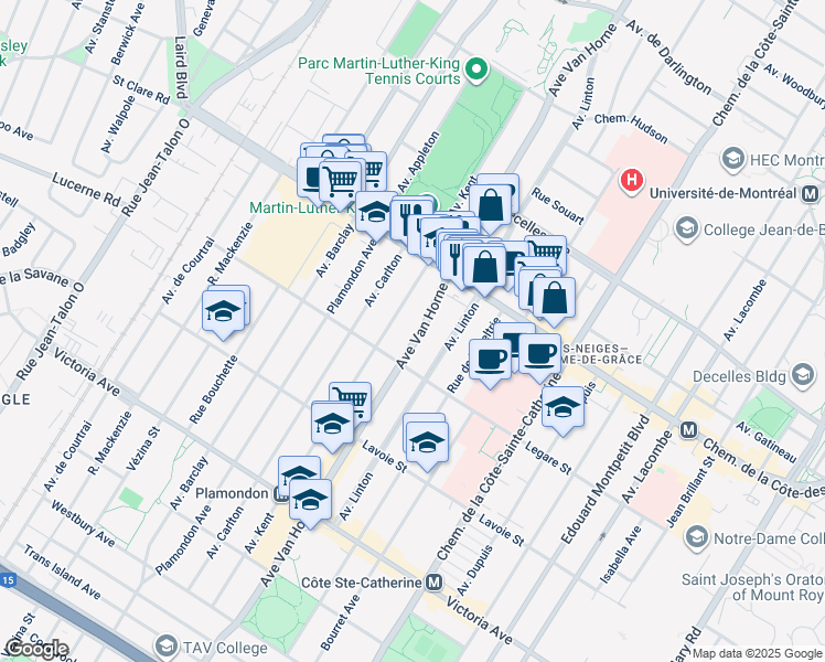map of restaurants, bars, coffee shops, grocery stores, and more near 3863 Avenue Van Horne in Montréal
