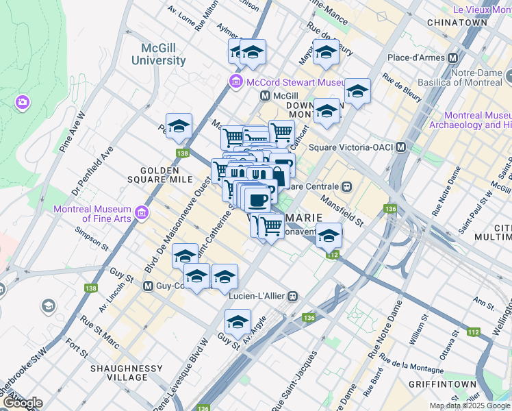 map of restaurants, bars, coffee shops, grocery stores, and more near in Montreal