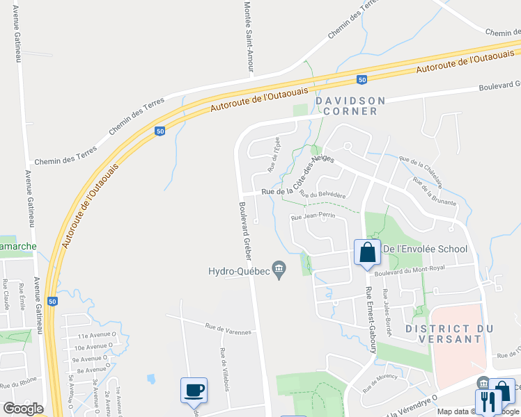 map of restaurants, bars, coffee shops, grocery stores, and more near 74 Rue de l'Épée in Gatineau