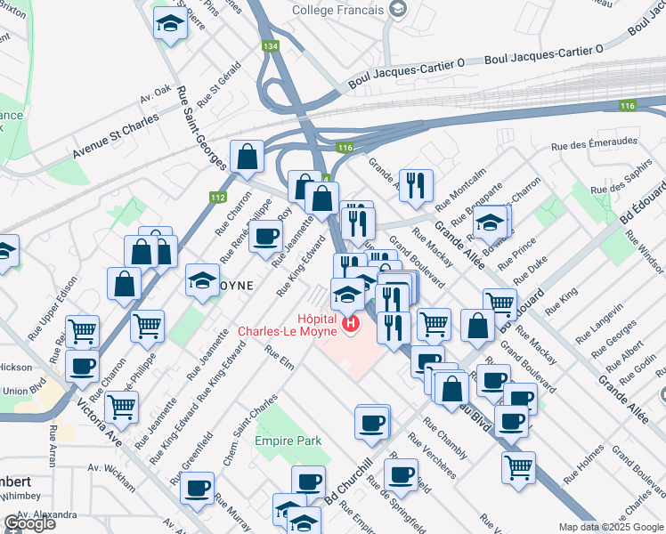 map of restaurants, bars, coffee shops, grocery stores, and more near 2954 Boulevard Taschereau in Longueuil