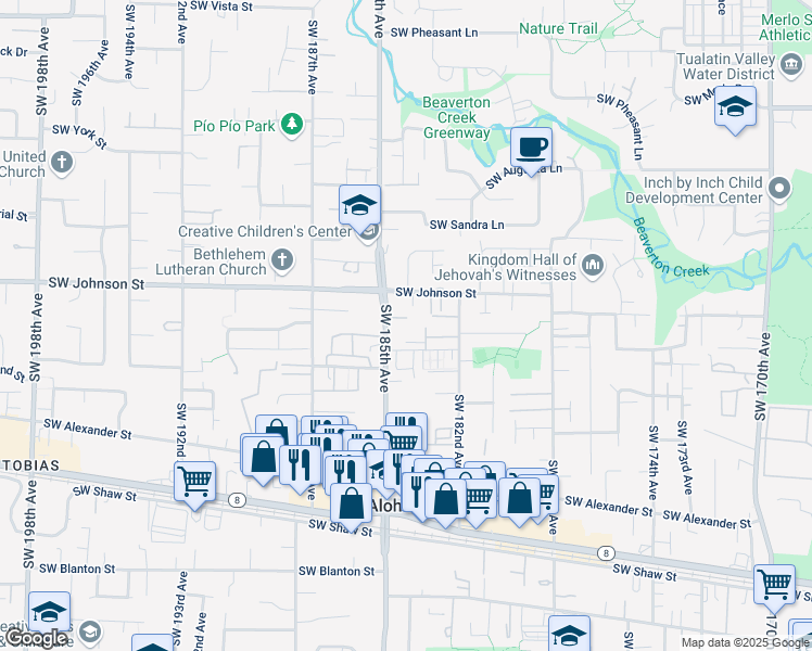 map of restaurants, bars, coffee shops, grocery stores, and more near 2800 Southwest 185th Avenue in Beaverton