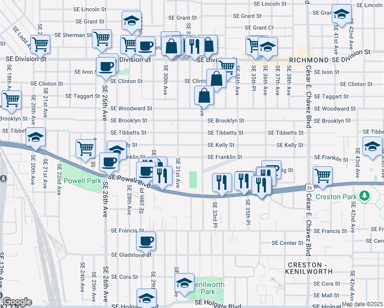map of restaurants, bars, coffee shops, grocery stores, and more near 3205 Southeast Franklin Street in Portland