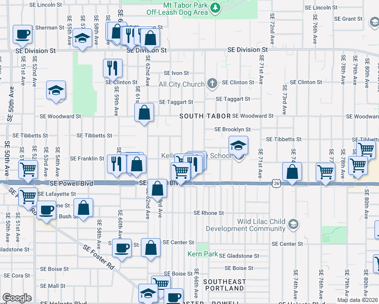 map of restaurants, bars, coffee shops, grocery stores, and more near 3211 Southeast 66th Avenue in Portland