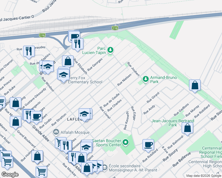 map of restaurants, bars, coffee shops, grocery stores, and more near 1457 Rue Nielsen in Longueuil