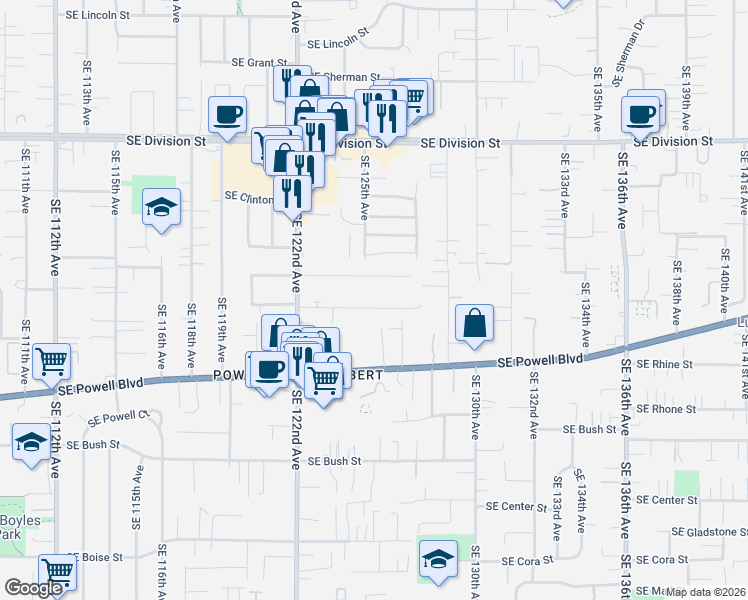 map of restaurants, bars, coffee shops, grocery stores, and more near 12507 Southeast Kelly Street in Portland