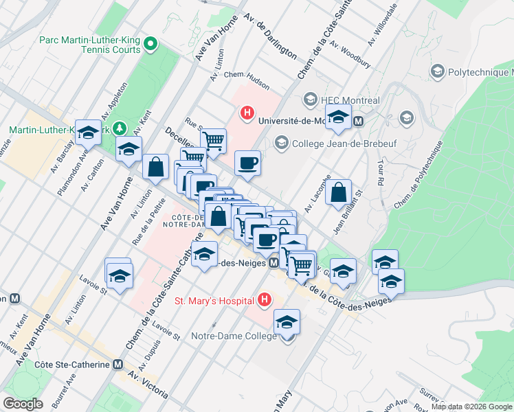 map of restaurants, bars, coffee shops, grocery stores, and more near 5620 Decelles Avenue in Montrã©Al