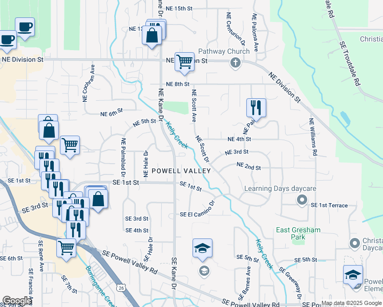 map of restaurants, bars, coffee shops, grocery stores, and more near 343 Northeast Scott Drive in Gresham