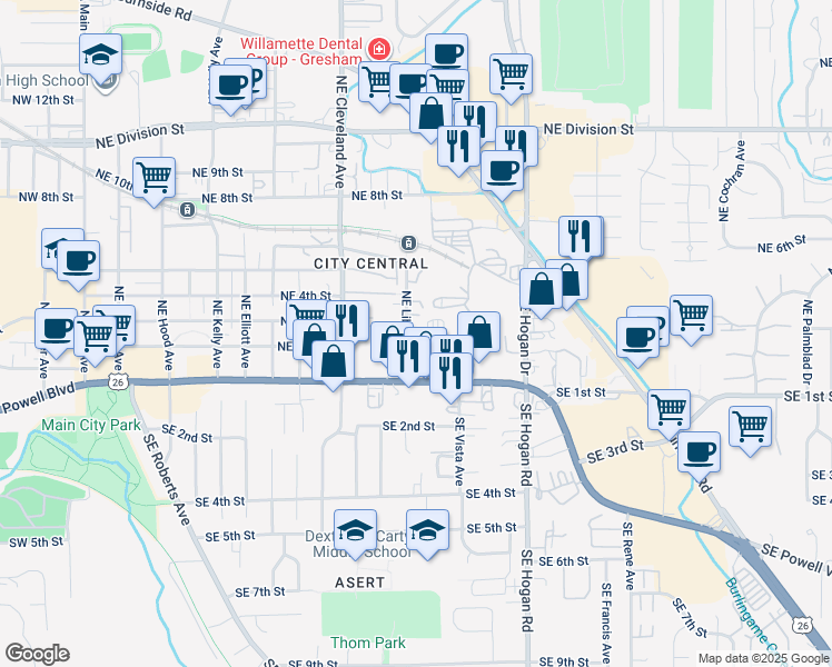 map of restaurants, bars, coffee shops, grocery stores, and more near 280 Northeast Liberty Avenue in Gresham